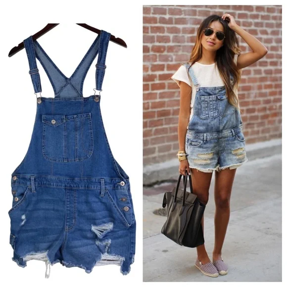 No Boundaries XXL 2X 19 Juniors Overall Shorts Romper Jean Denim Distressed - Picture 1 of 5